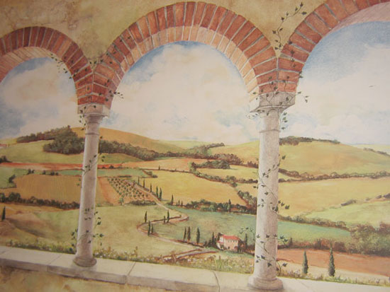Настенная роспись по сухой штукатурке, живопись на стене, арки, пейзаж, перспектива